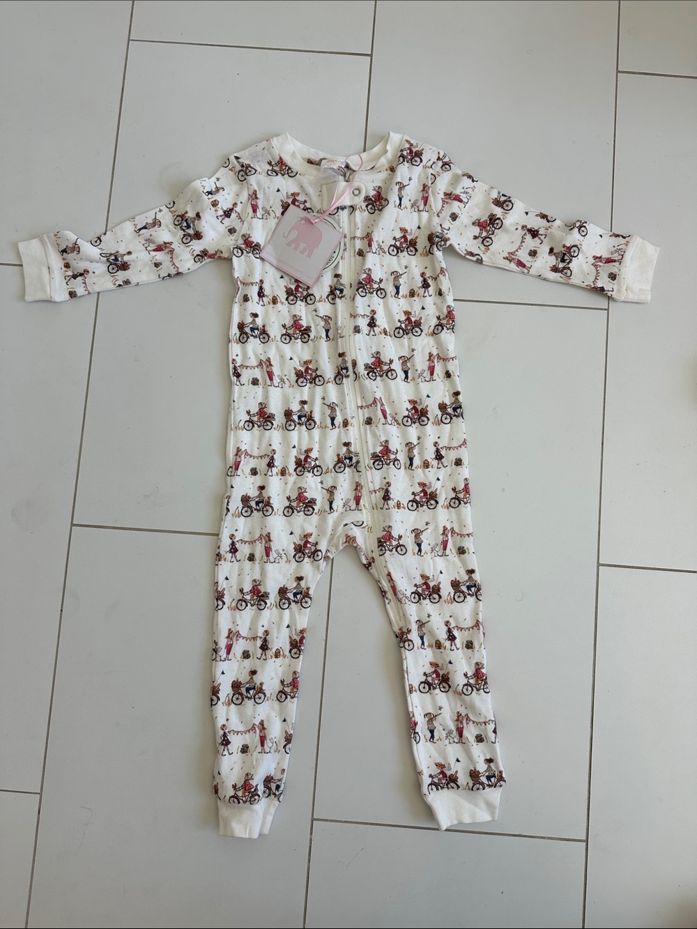 Pink elephant Cream Bicycle-Print Kids One-Piece Pajamas 3T
